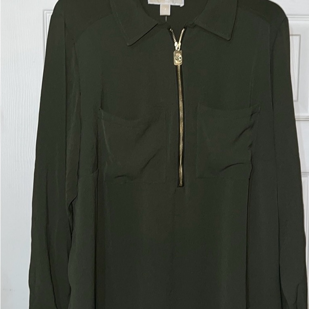 MICHAEL KORS NWT LONG SLEEVE SEE THROUGH FOREST GREEN BLOUSE GOLD BUTTONS